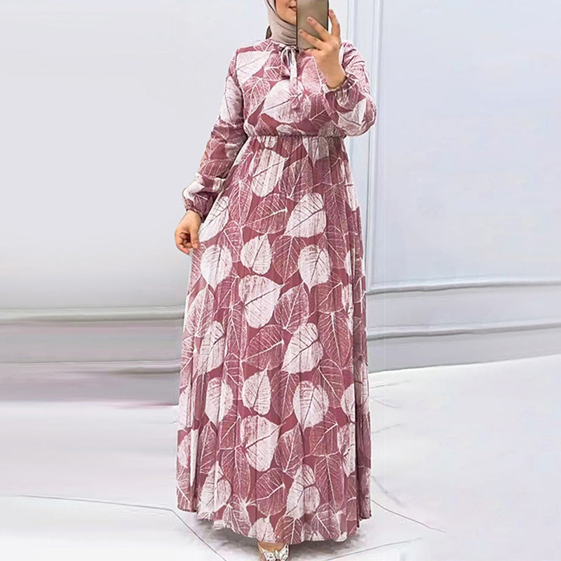 Long Sleeve Leaf Printed Waist Dress For Women