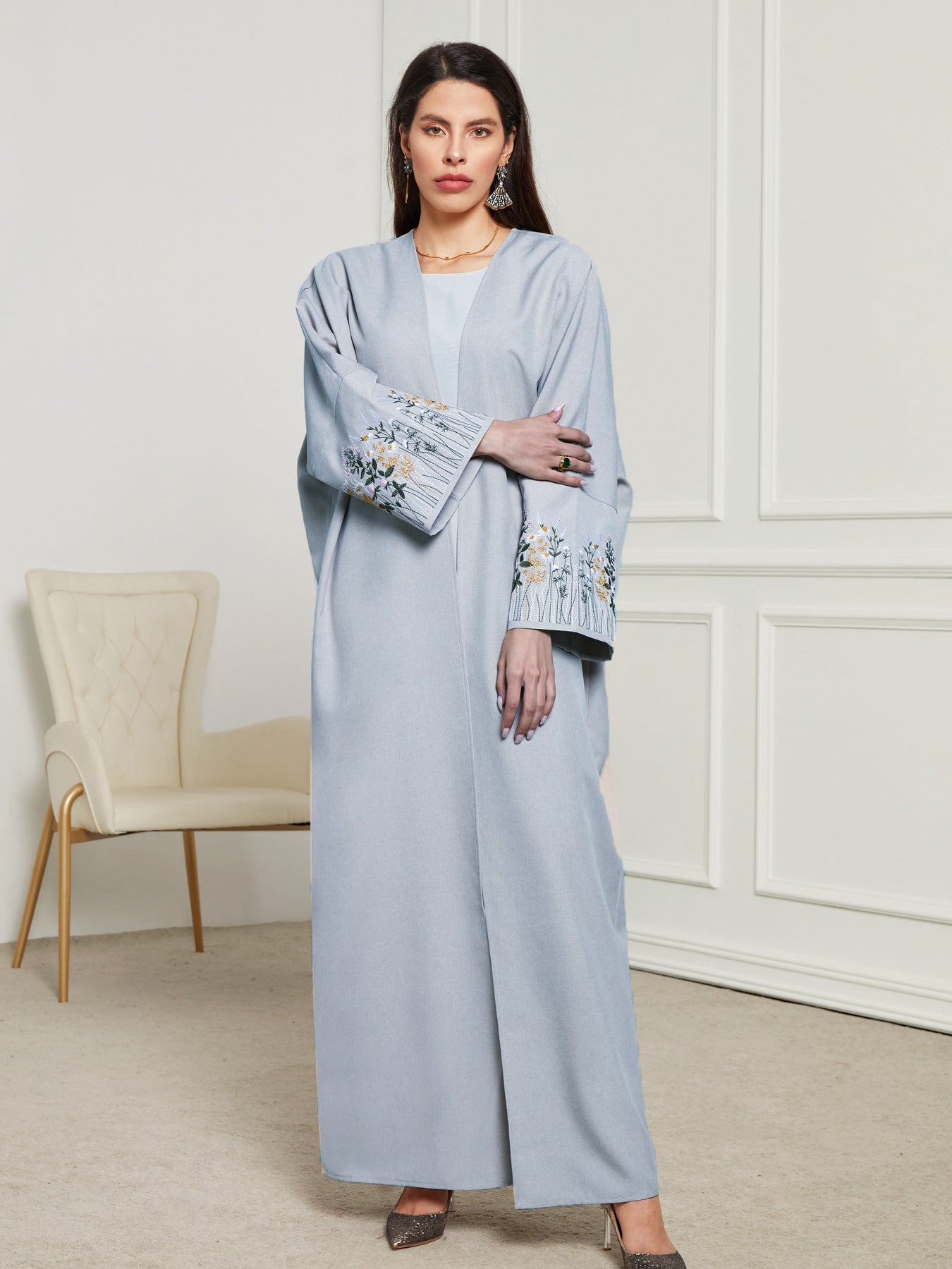 Elegant Embroidered Floral Sleeve Abaya Kaftan Dress