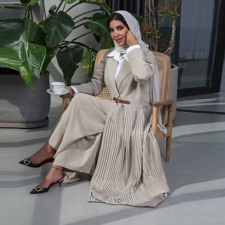 Pleated Muslim Women Open Abaya Dress With Buckle
