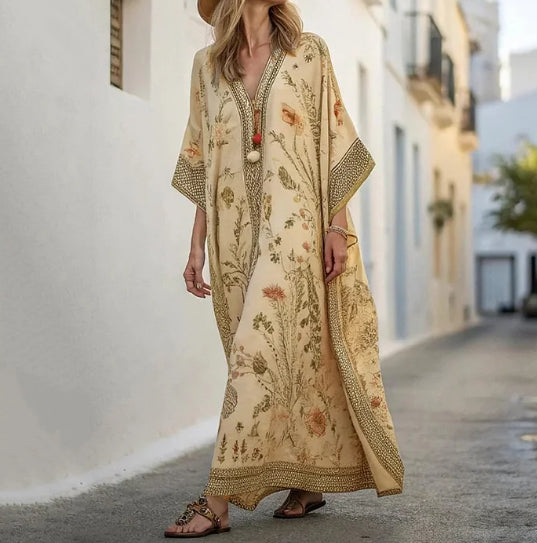 Long Sleeve Linen Vacation Maxi Kaftan