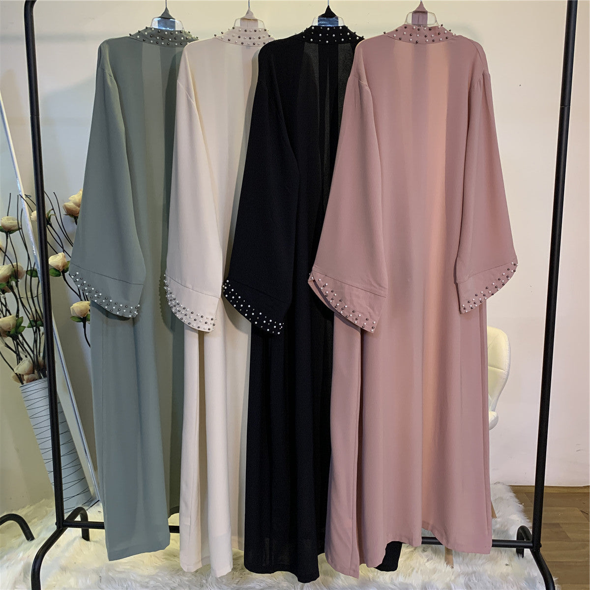 Lace Up Beaded Muslim Women Open Abaya