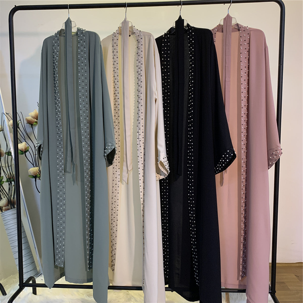 Lace Up Beaded Muslim Women Open Abaya