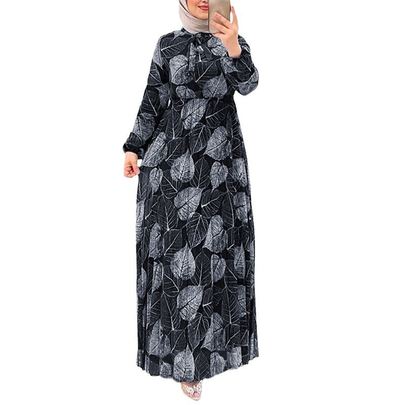 Long Sleeve Leaf Printed Waist Dress For Women