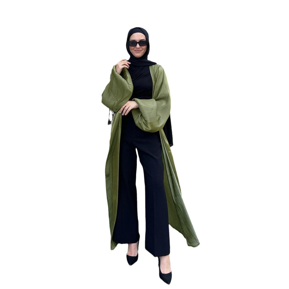 Muslim Shiny Satin Puff Sleeve Abaya