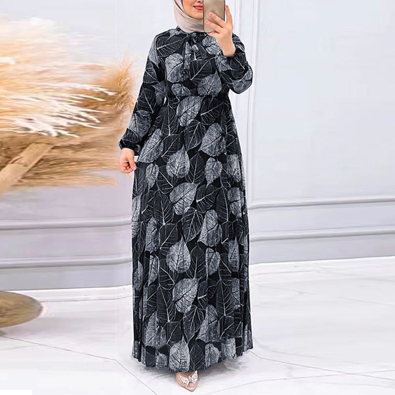 Long Sleeve Leaf Printed Waist Dress For Women