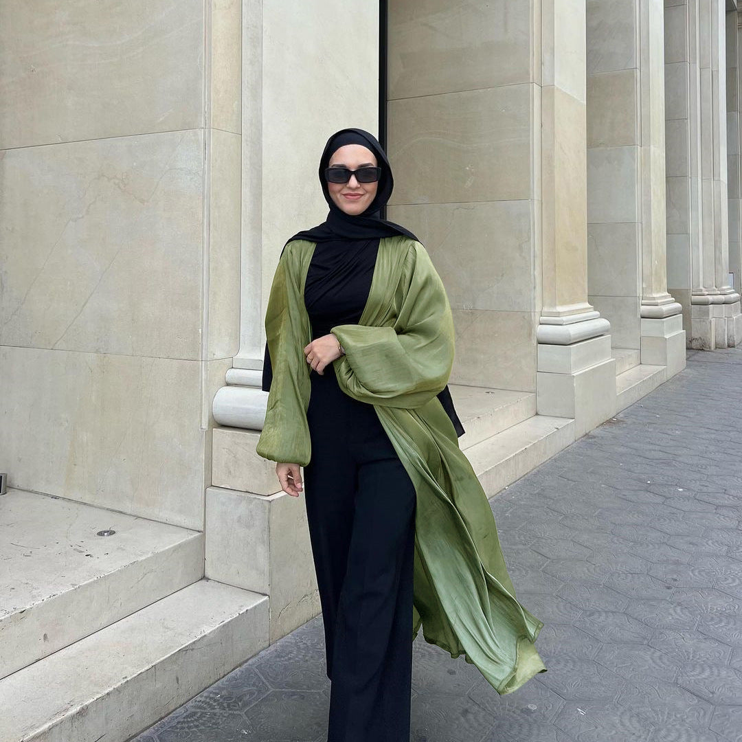 Muslim Shiny Satin Puff Sleeve Abaya