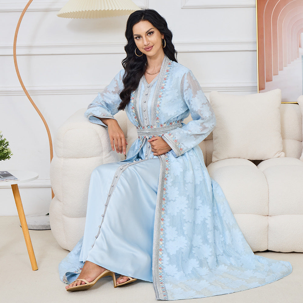 Light Blue Kaftan Abaya with Pleated Design