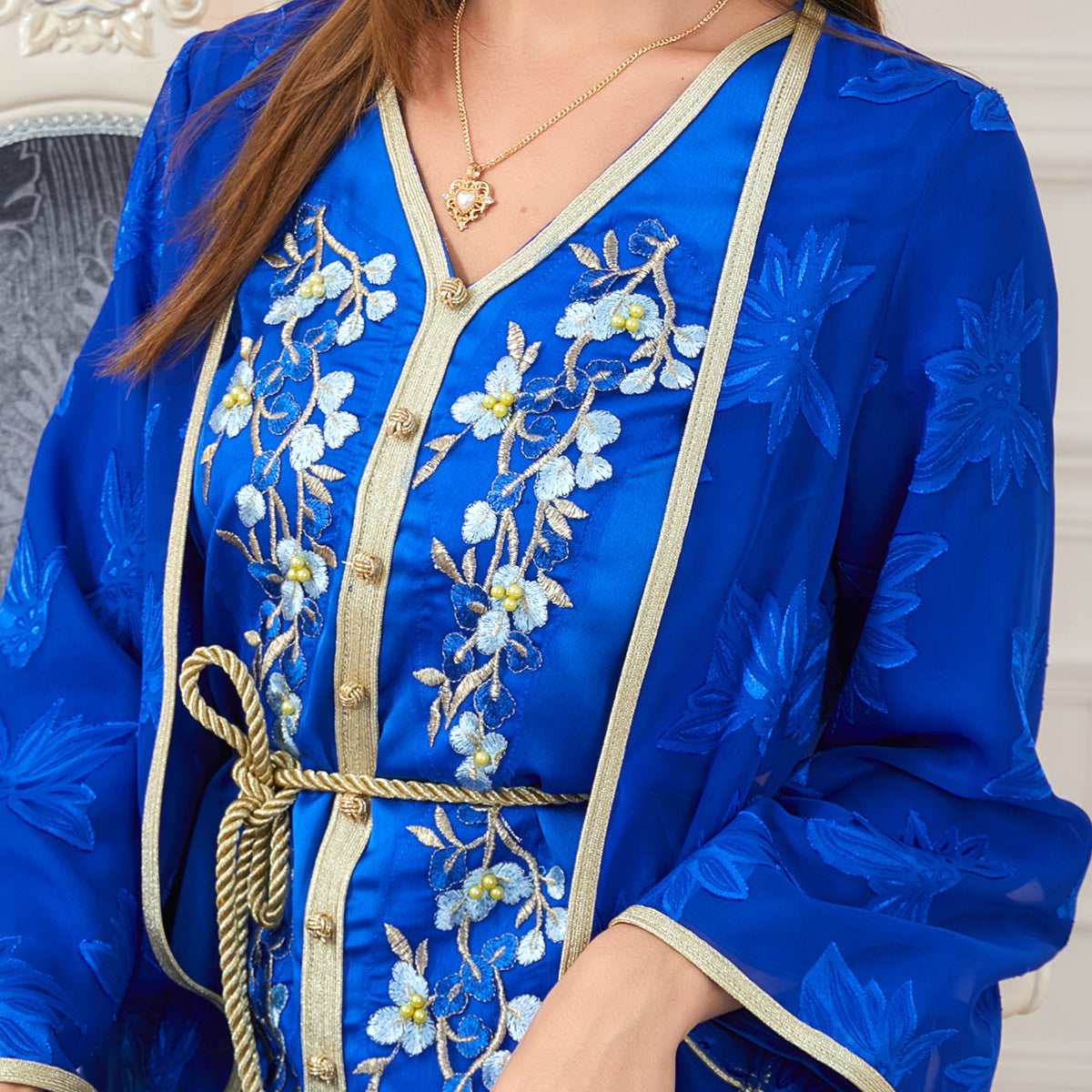 V-Neck Silk Muslim Knotted Dress
