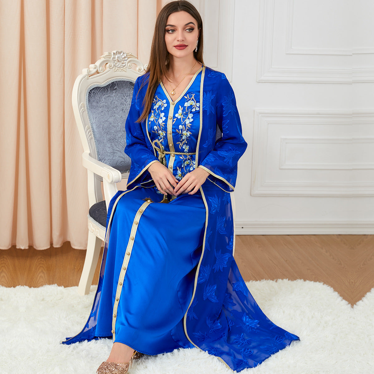 V-Neck Silk Muslim Knotted Dress