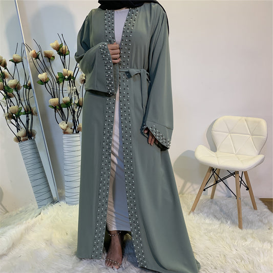 Lace Up Beaded Muslim Women Open Abaya