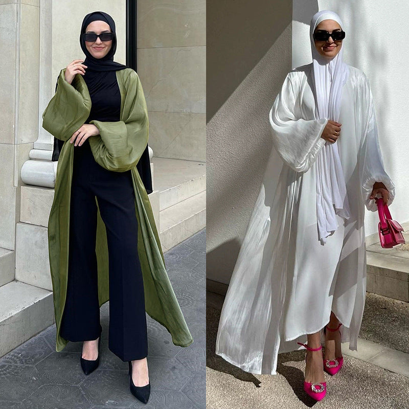 Muslim Shiny Satin Puff Sleeve Abaya