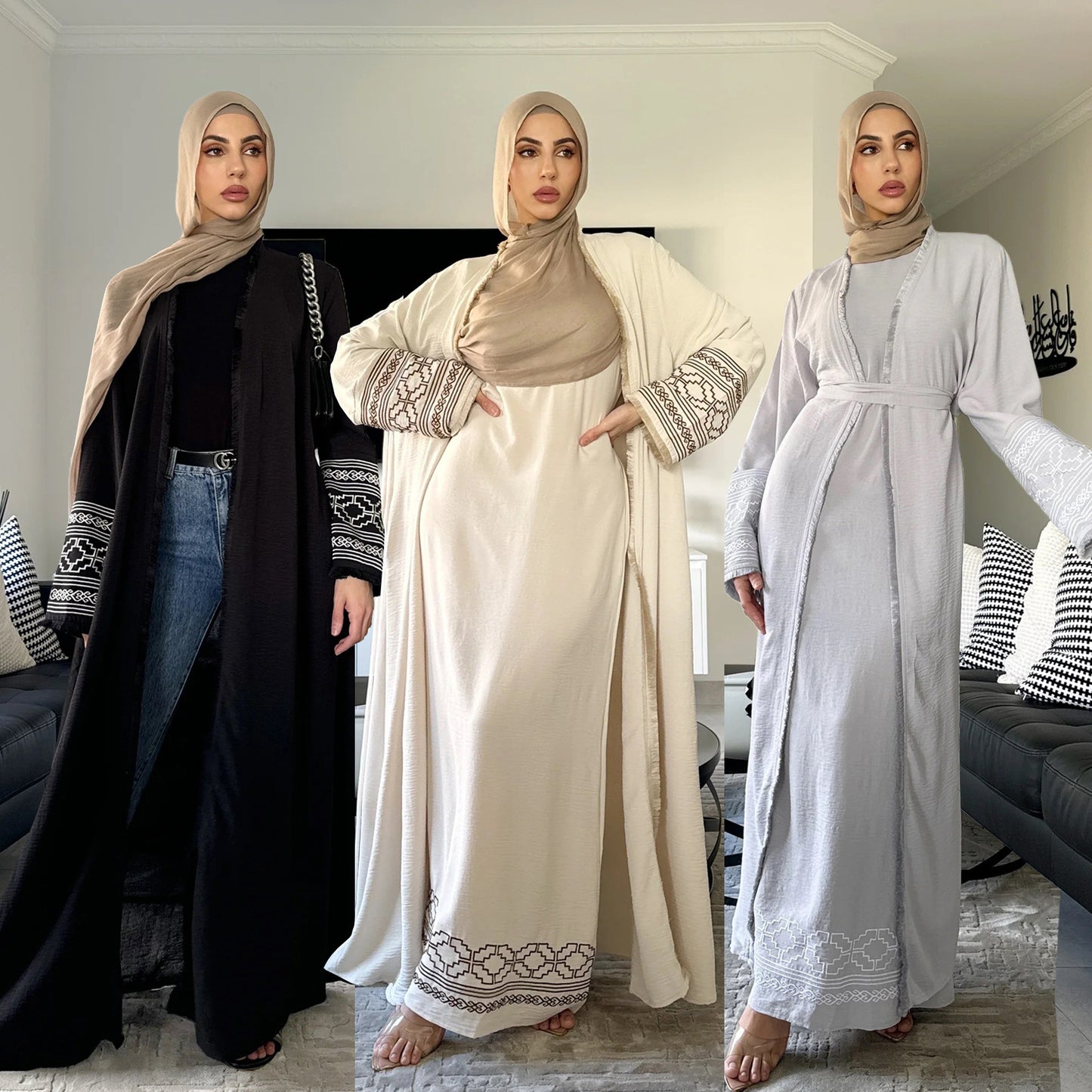 Women Solid Color Embroideried Sleeve Open Abaya