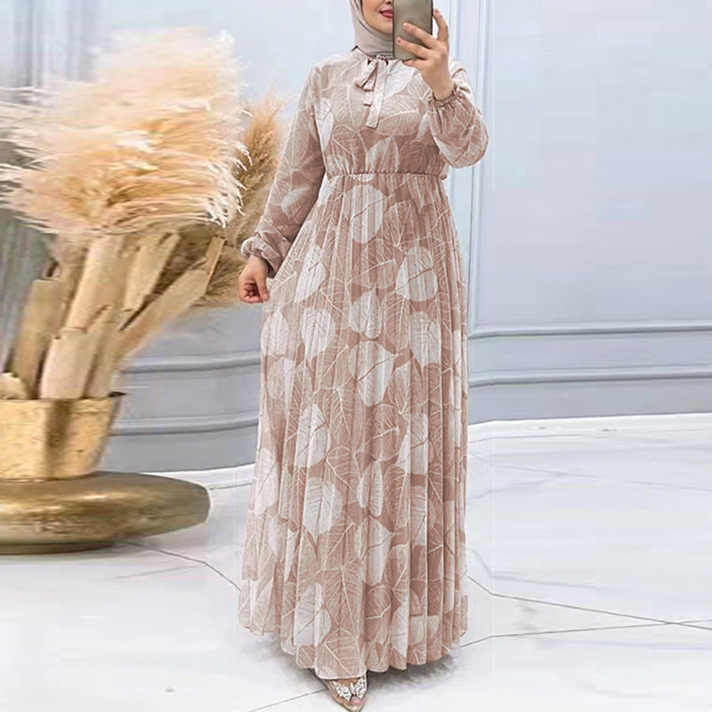 Long Sleeve Leaf Printed Waist Dress For Women