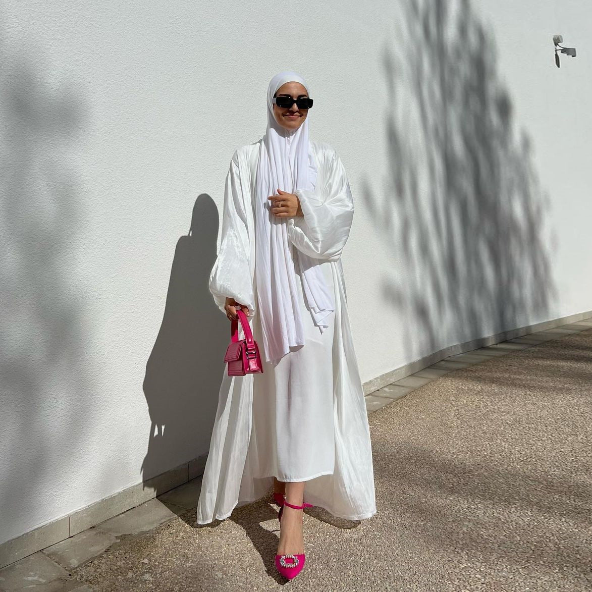 Muslim Shiny Satin Puff Sleeve Abaya