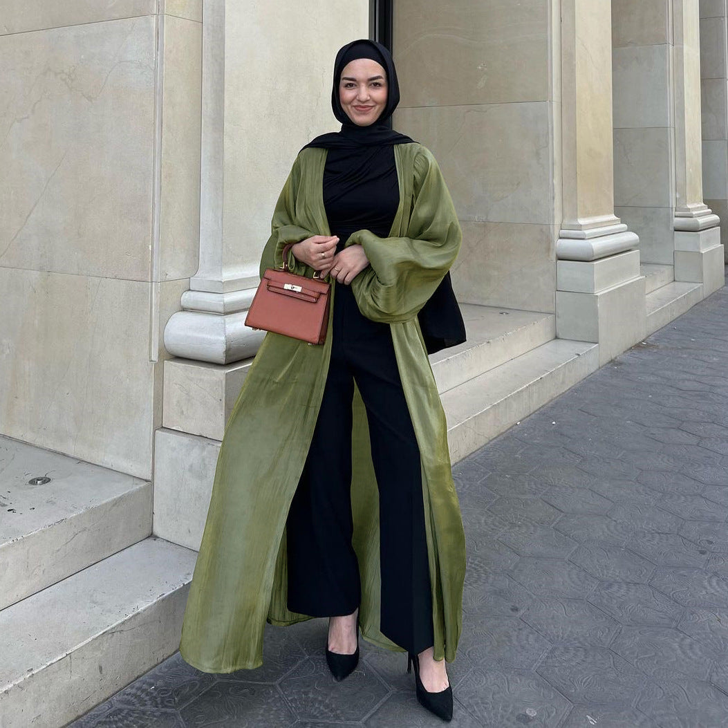 Muslim Shiny Satin Puff Sleeve Abaya