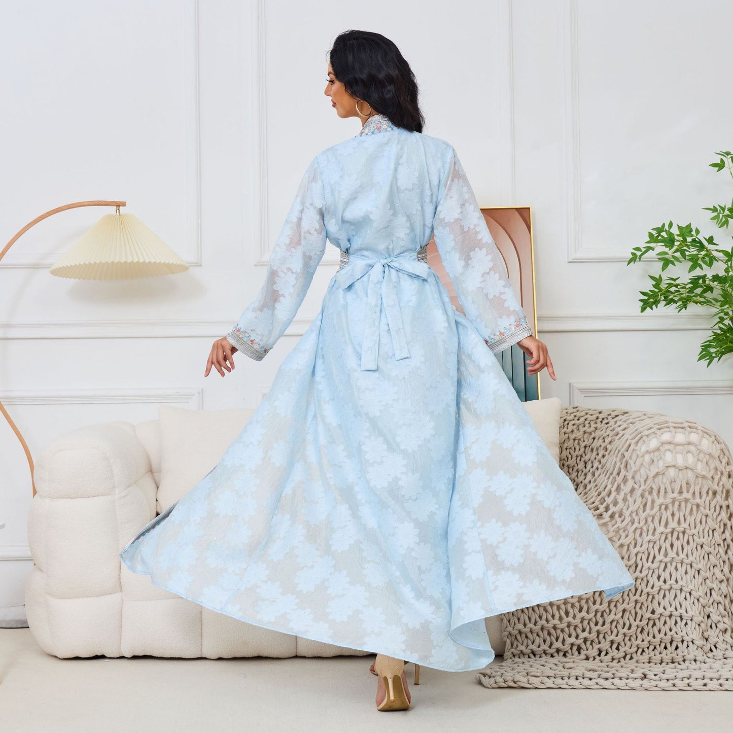 Light Blue Kaftan Abaya with Pleated Design