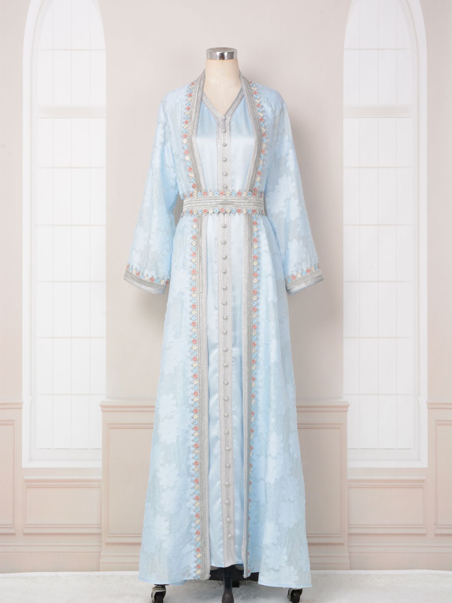 Light Blue Kaftan Abaya with Pleated Design