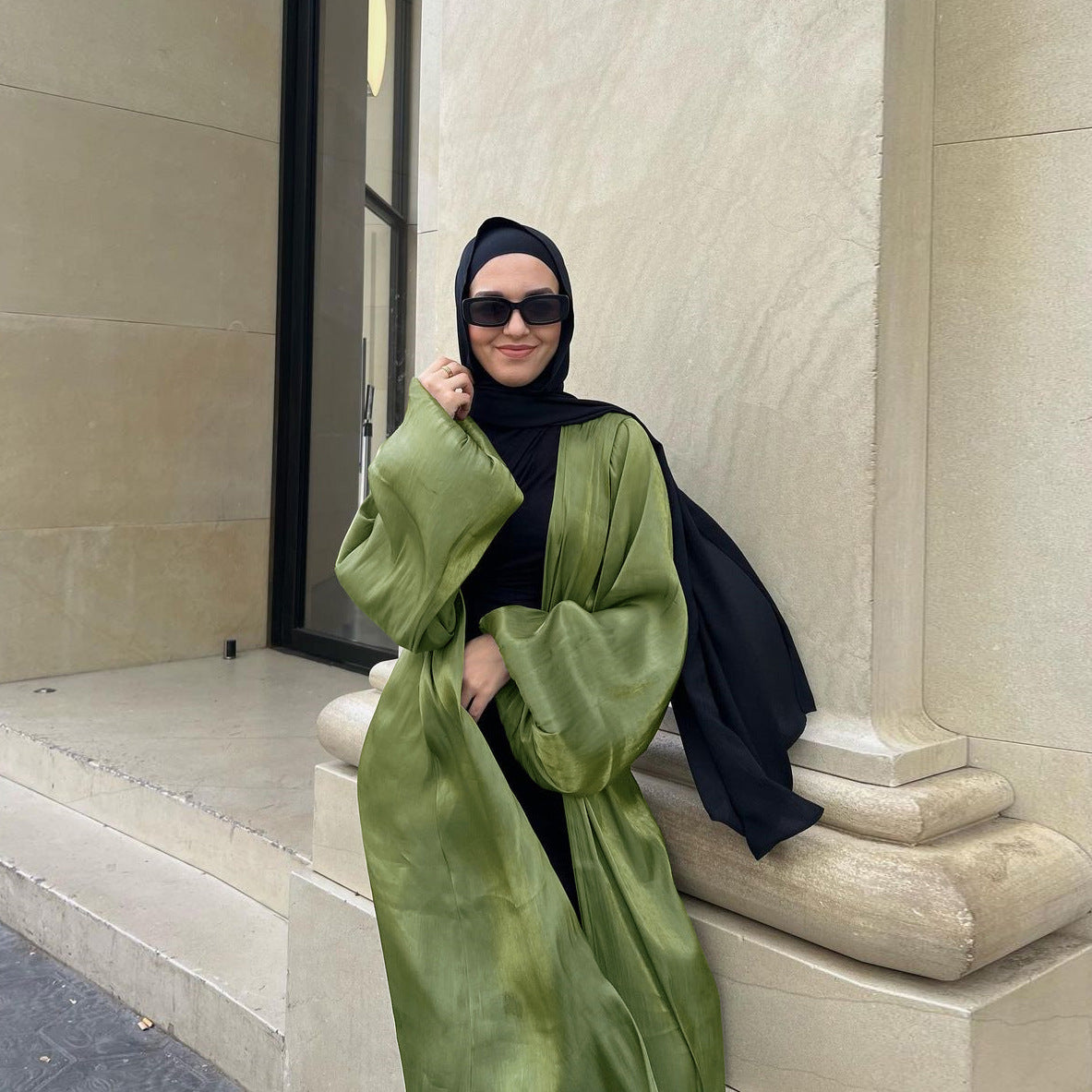 Muslim Shiny Satin Puff Sleeve Abaya