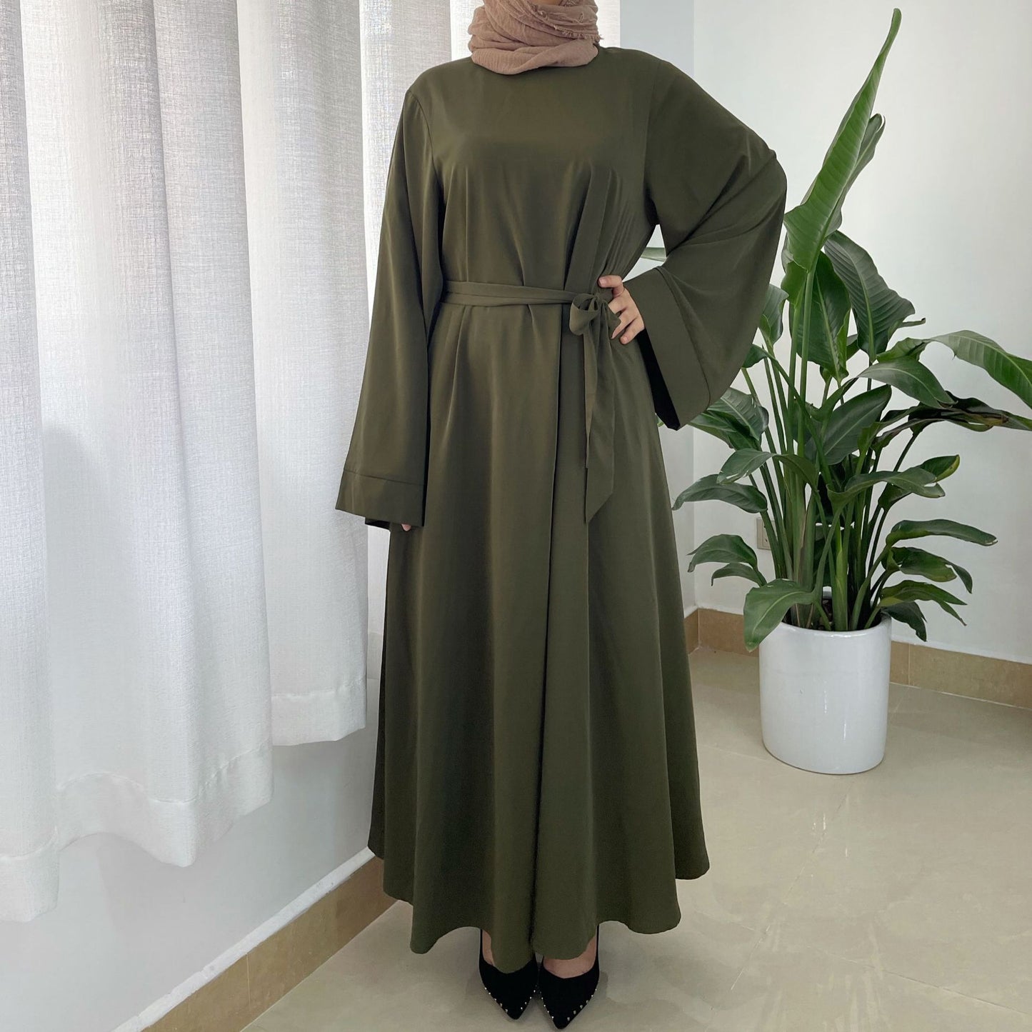 Plus Size Loose Women Waist Strap Abaya