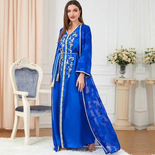 V-Neck Silk Muslim Knotted Dress