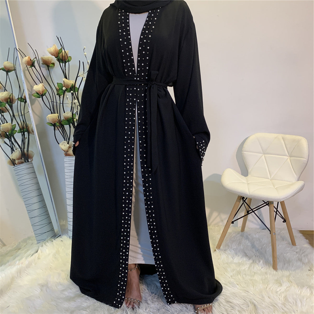 Lace Up Beaded Muslim Women Open Abaya