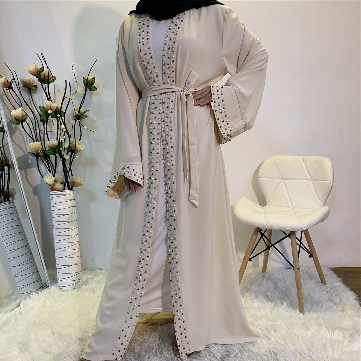 Lace Up Beaded Muslim Women Open Abaya