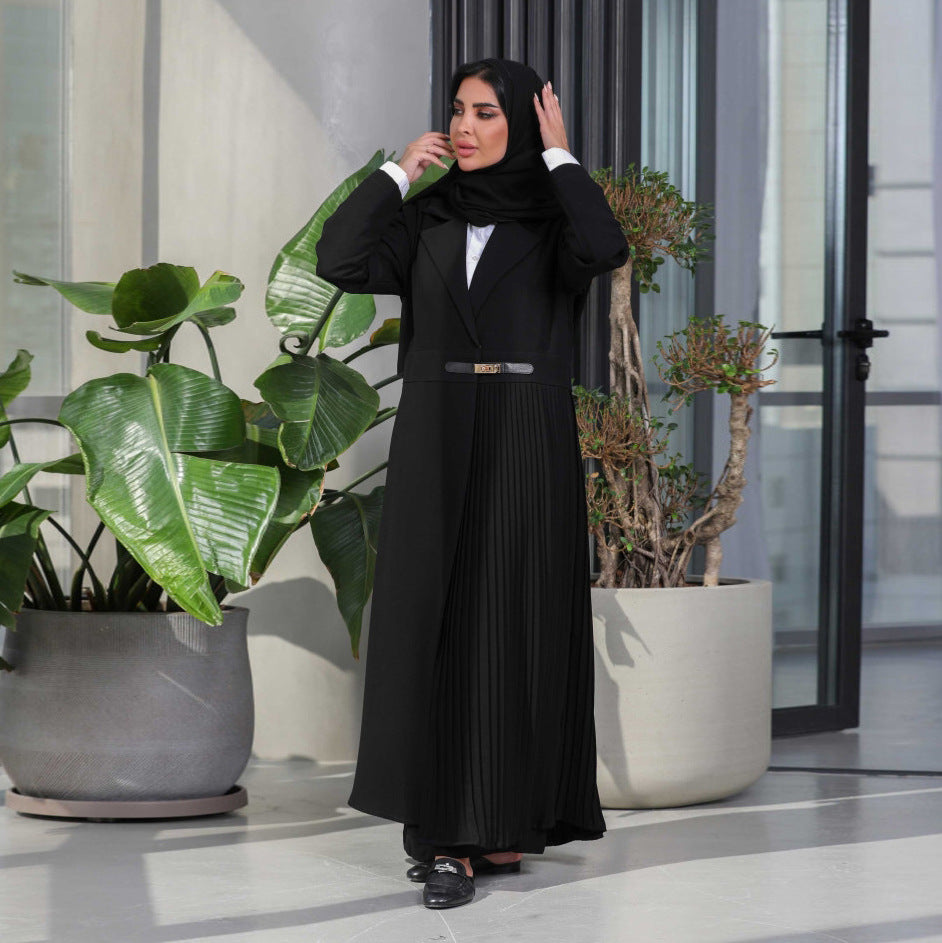Pleated Muslim Women Open Abaya Dress With Buckle