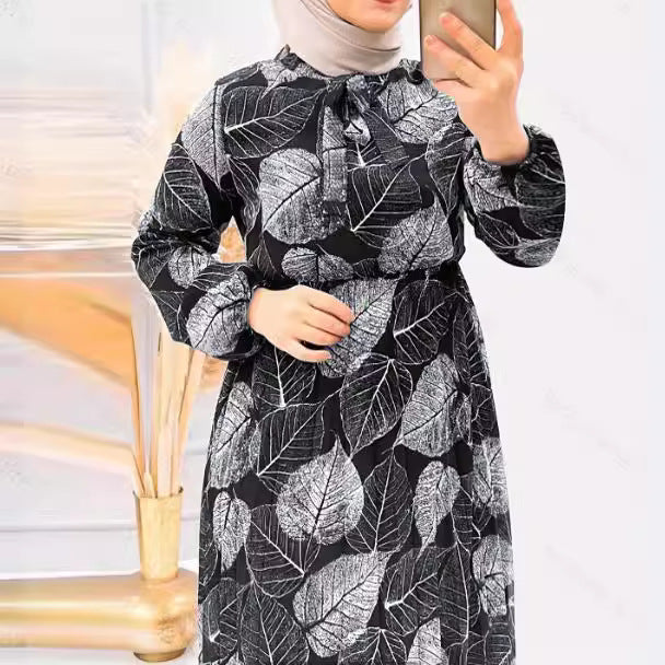 Long Sleeve Leaf Printed Waist Dress For Women