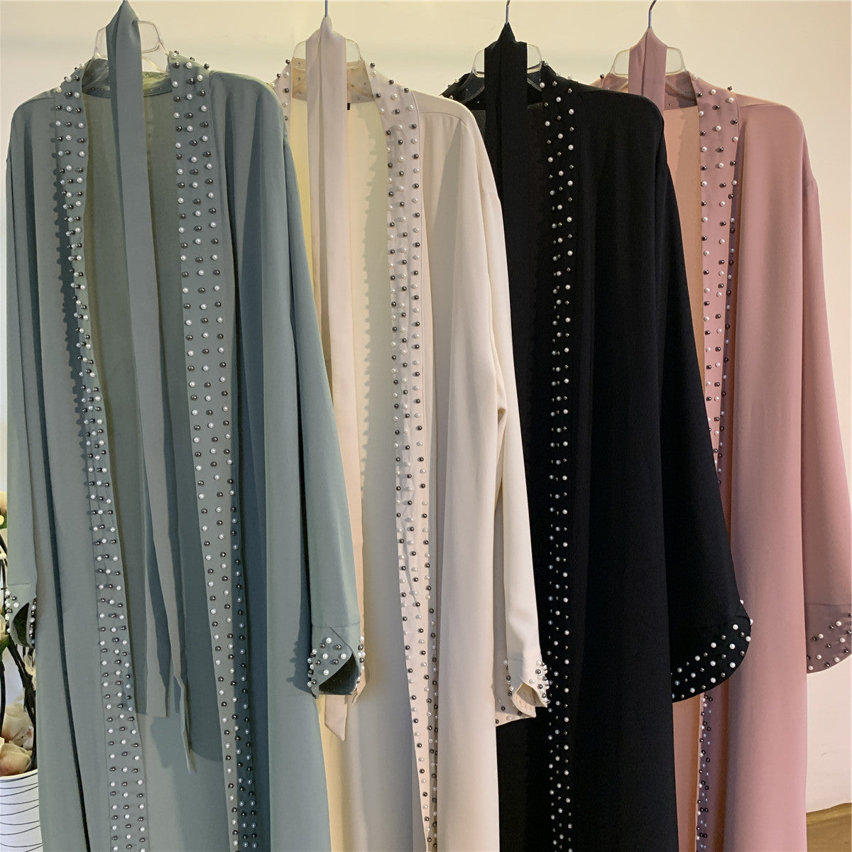 Lace Up Beaded Muslim Women Open Abaya