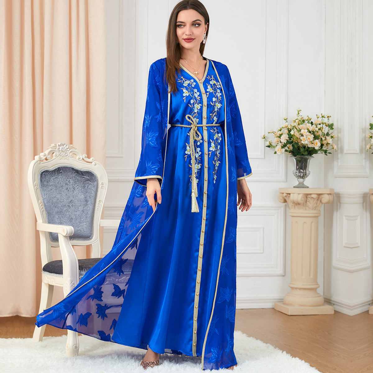 V-Neck Silk Muslim Knotted Dress