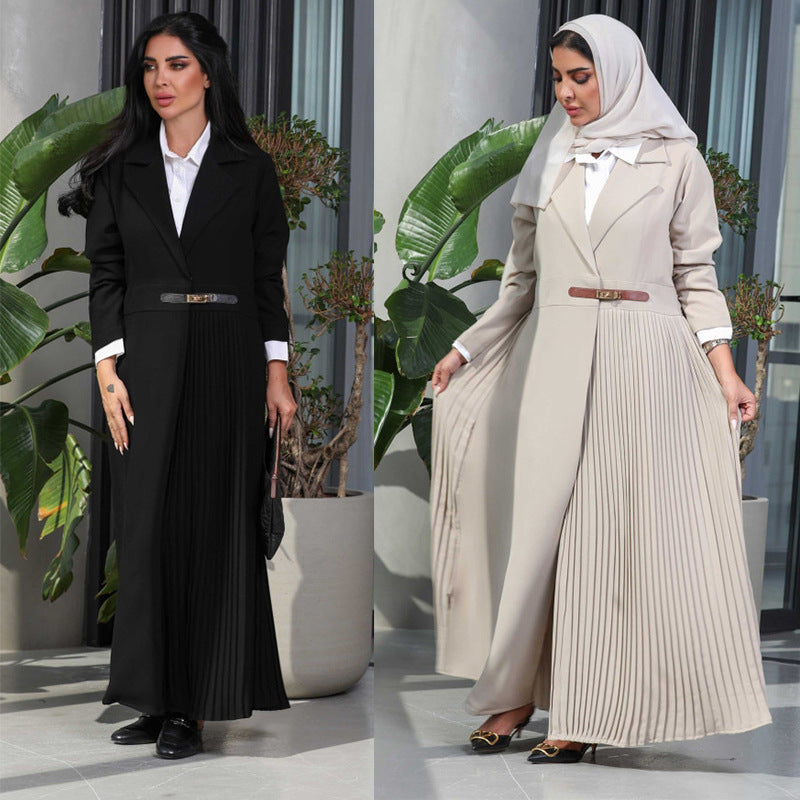 Pleated Muslim Women Open Abaya Dress With Buckle
